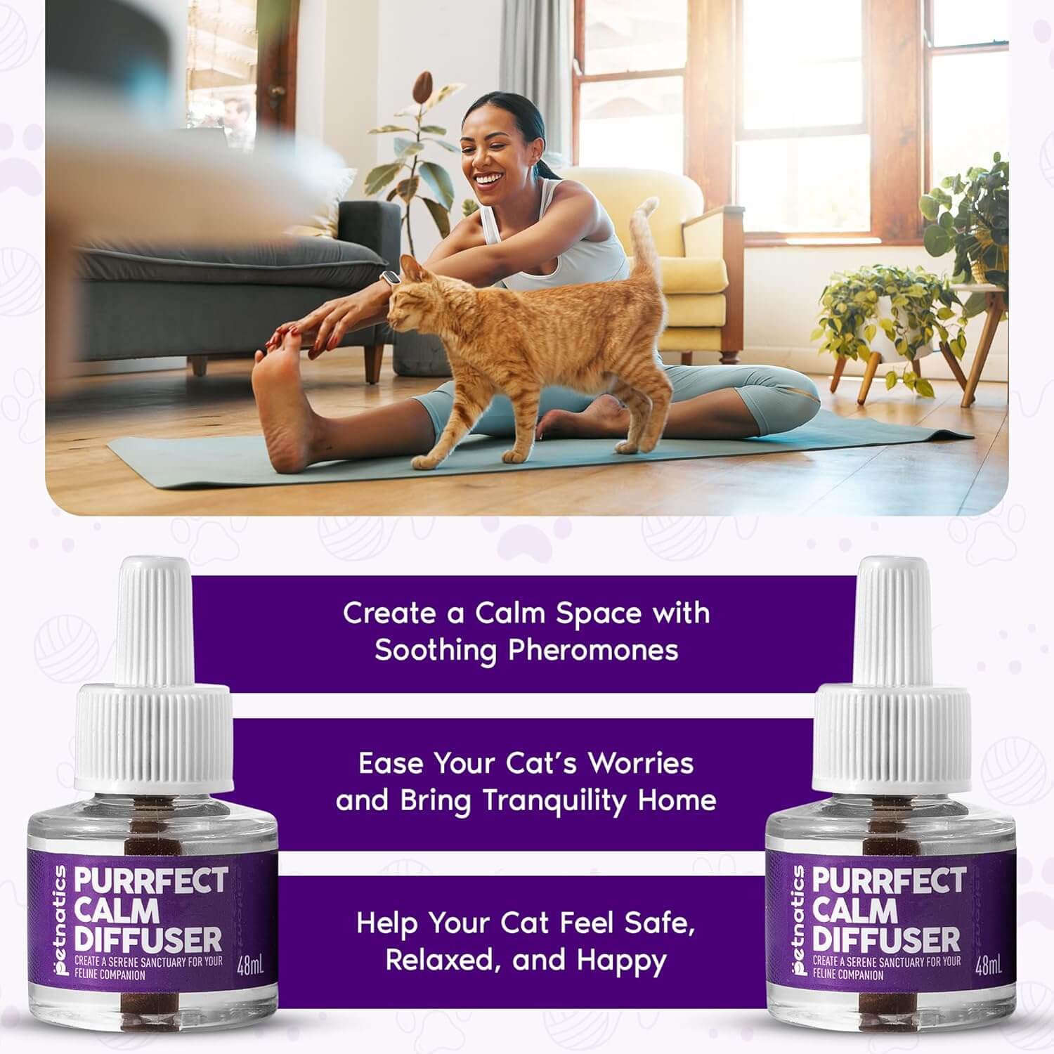 Cat calming diffuser kit with white plug-in diffuser and two amber refill bottles