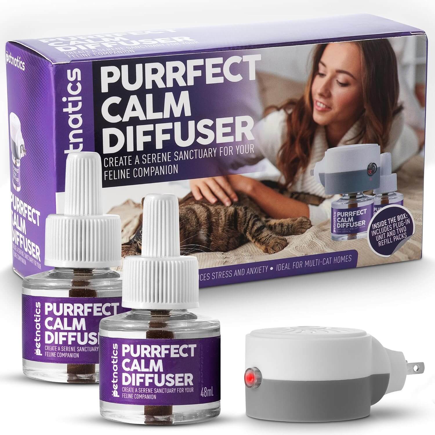 Calming diffuser kit with two refill vials and a white plug-in diffuser