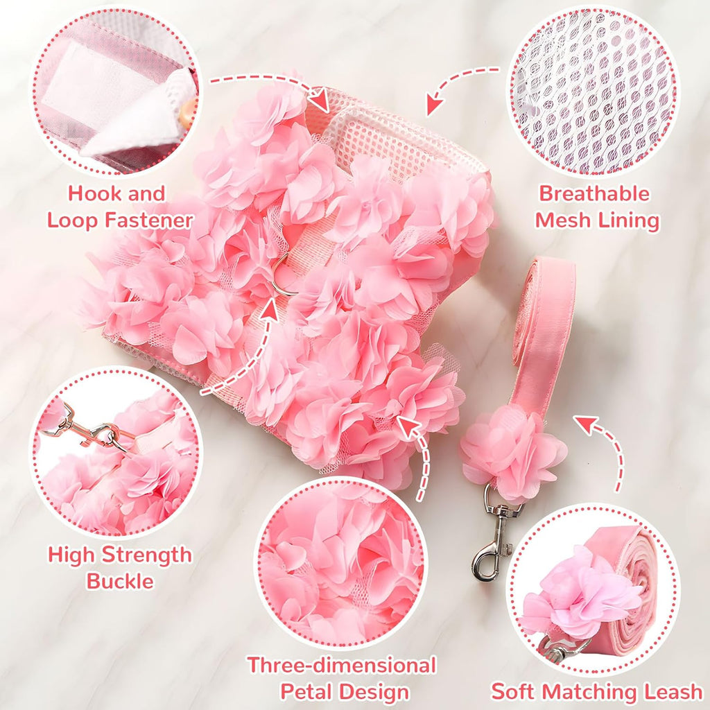 Boutique Floral Dog Harness and Leash Set – 3D Petal Puppy Vest Harness for Small Dogs & Cats