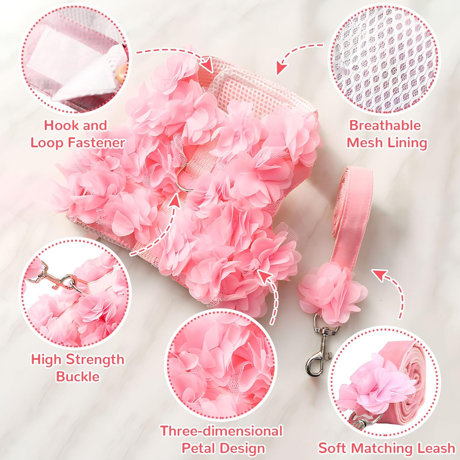 Boutique Floral Dog Harness and Leash Set – 3D Petal Puppy Vest Harness for Small Dogs & Cats