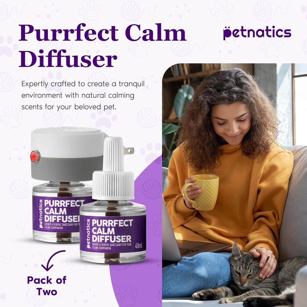 White plug-in diffuser with amber refill vial, purple label, for pet calming