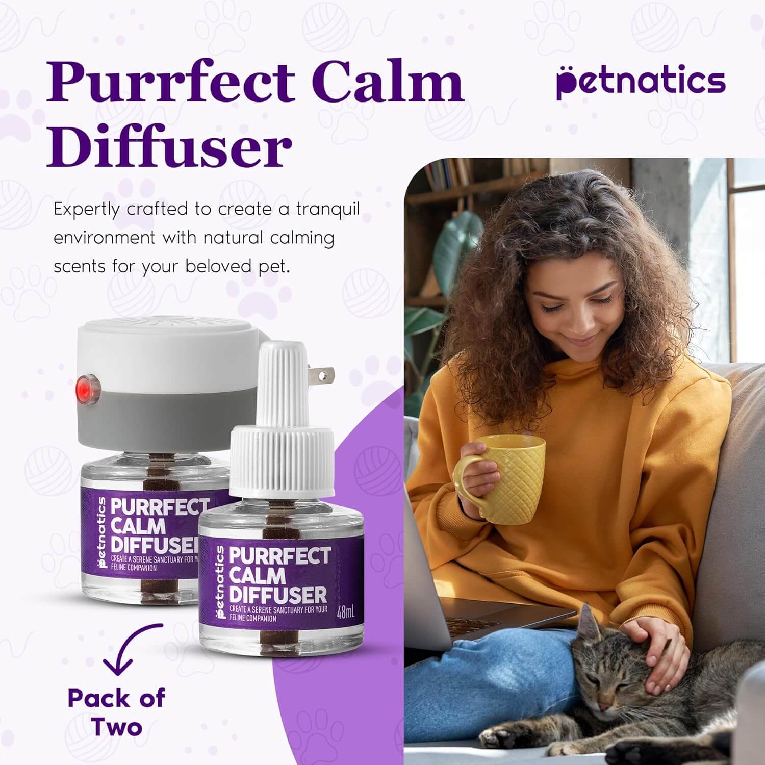 White plug-in diffuser with amber refill vial, purple label, for pet calming