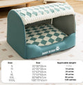 Teal enclosed bear pet kennel with removable nest, plaid cushioned interior