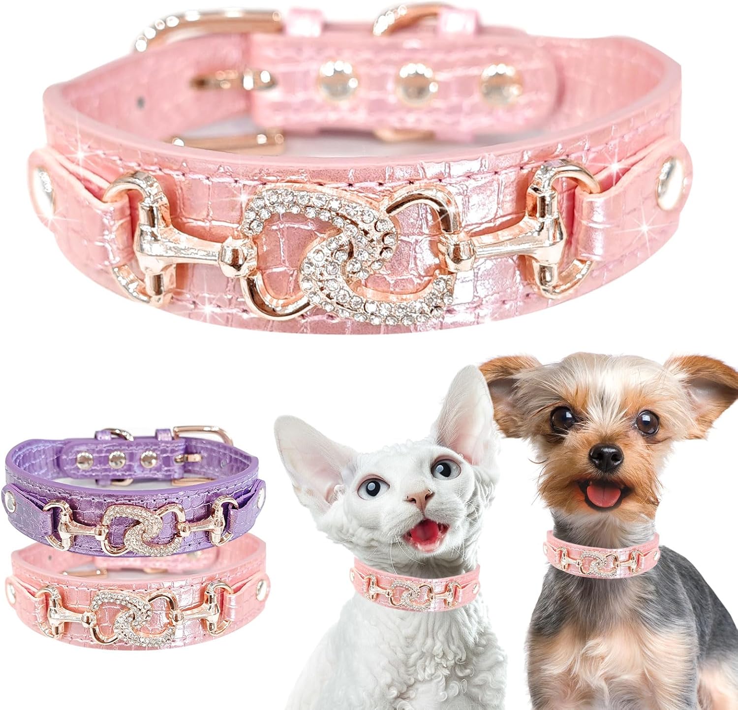 Boutique Crystal Heart Dog Collar – Pink & Purple Croc Texture