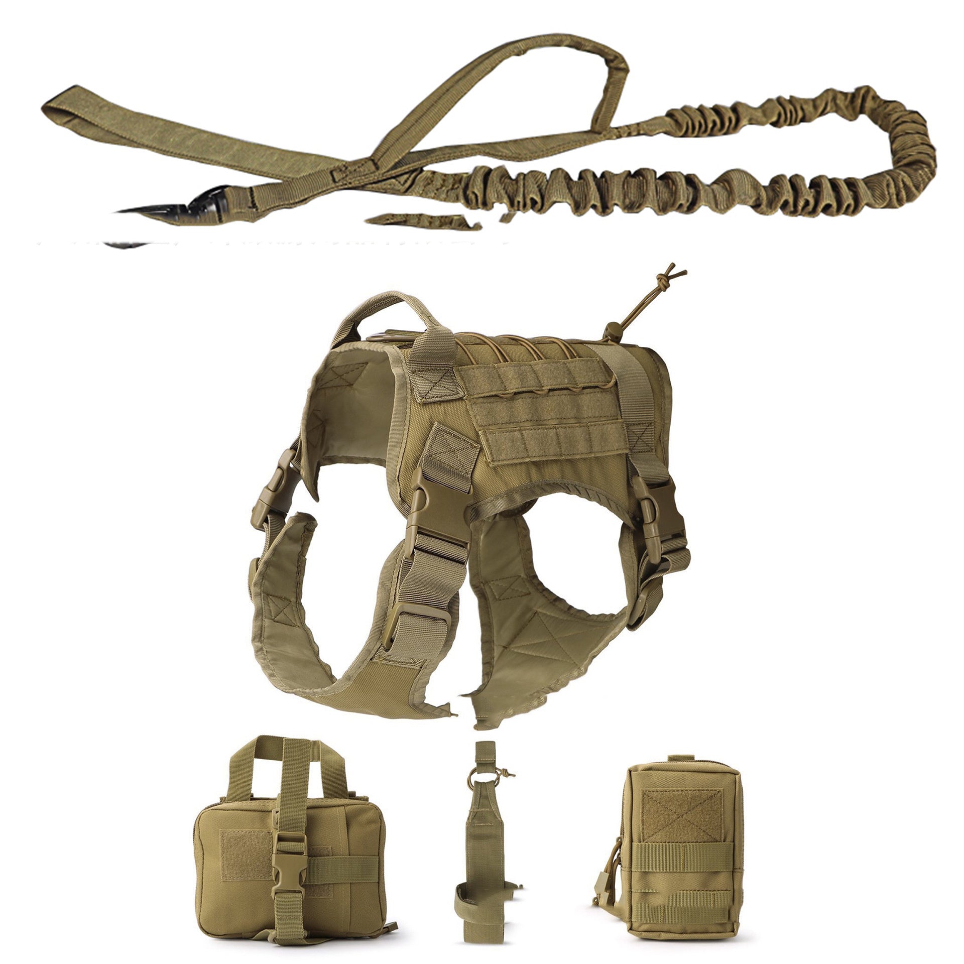 Khaki dog tactical harness with padded chest, long shock-cord leash strap, and accessory pouch