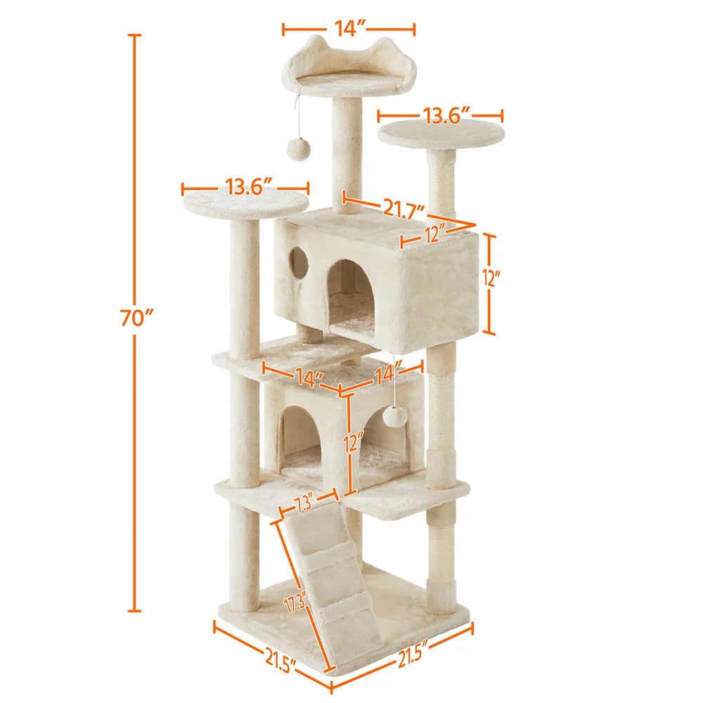Cat tree dimensions diagram: 70-in height with beige condos and platforms