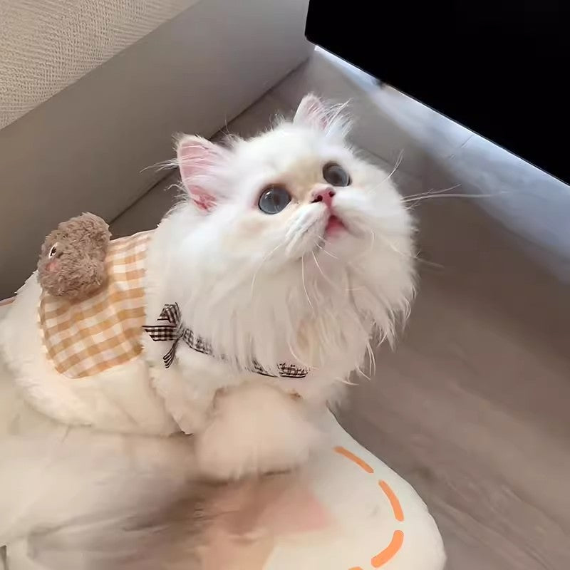 Cat fleece sweater in white with brown gingham pocket and bow accents