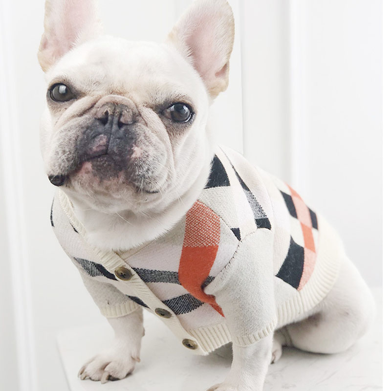 Dog sweater in cream knit with black plaid and red stripe accents, buttoned front