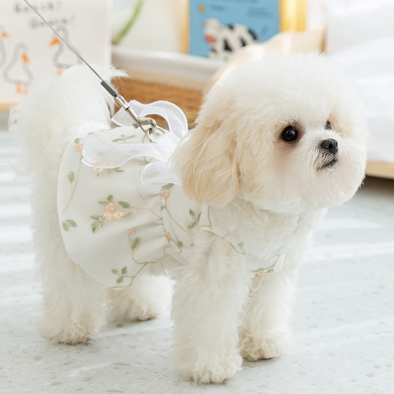 Double-layered princess-style dog skirt, white with floral embroidery, layered ruffles