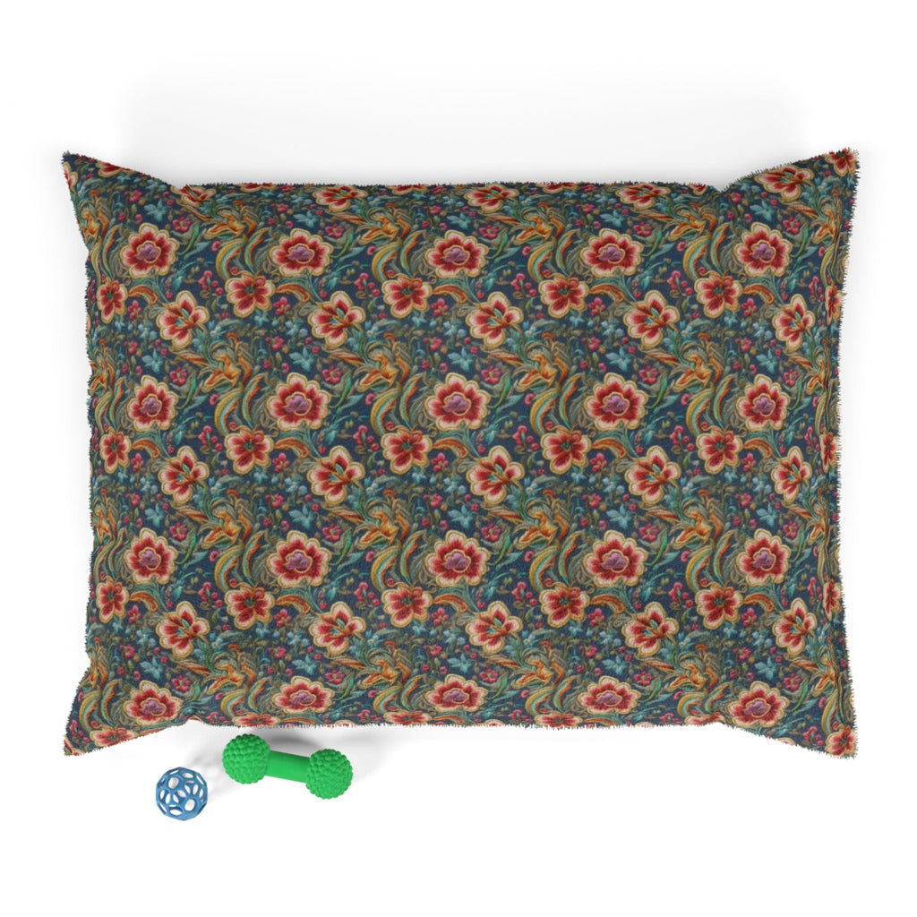 Crimson Blossoms on Teal Vintage Brocade Pet Bed — Coral Fleece, Removable Cover, 40" × 30"