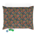 Crimson Blossoms on Teal Vintage Brocade Pet Bed — Coral Fleece, Removable Cover, 40" × 30"