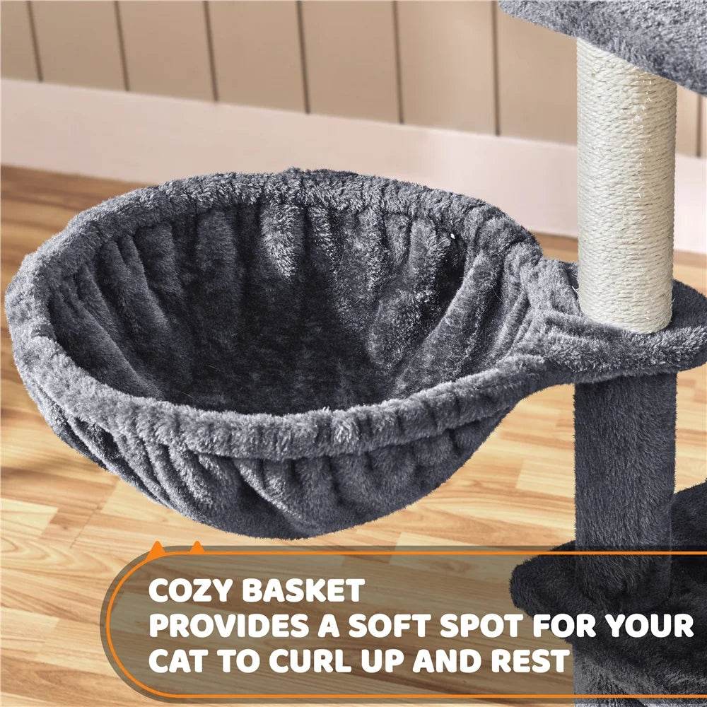 Dark gray easy-climb ramp panel on a cat tree with beige sisal-wrapped post