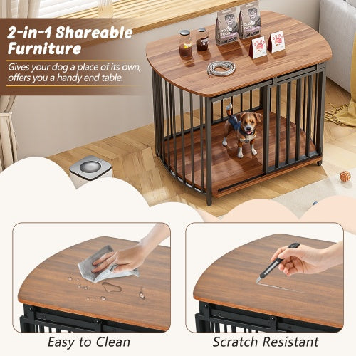 Wood-top dog crate with vertical bars, double-door front, end-table base, dark metal.