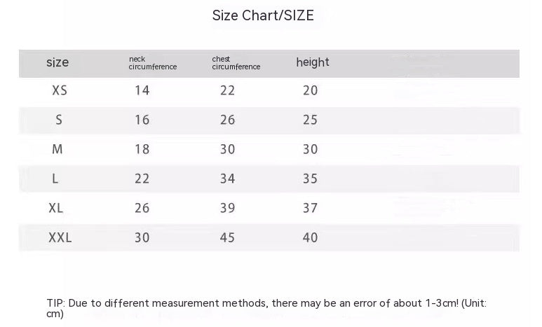 Size chart table with pet clothing measurements for neck, chest, and height.