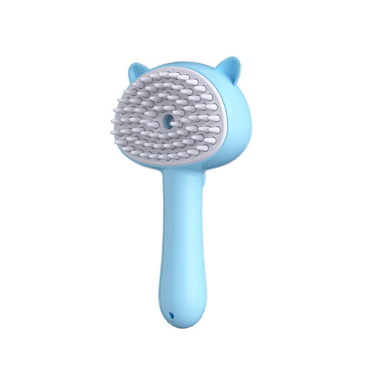 Blue cat grooming slicker brush with gray pin bristles and curved handle