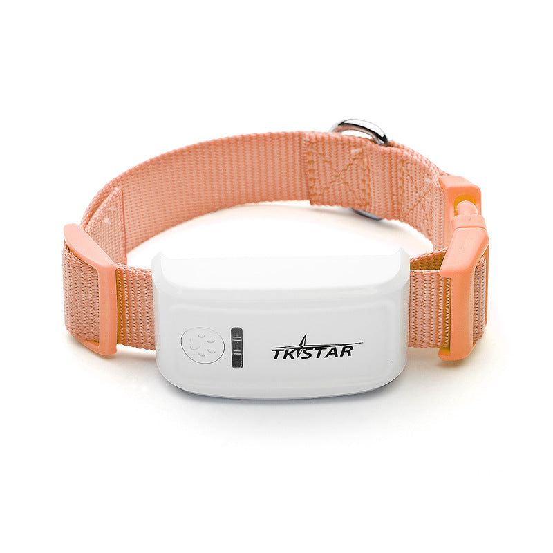 Cat GPS tracker collar with orange strap and white locator device, adjustable clasp
