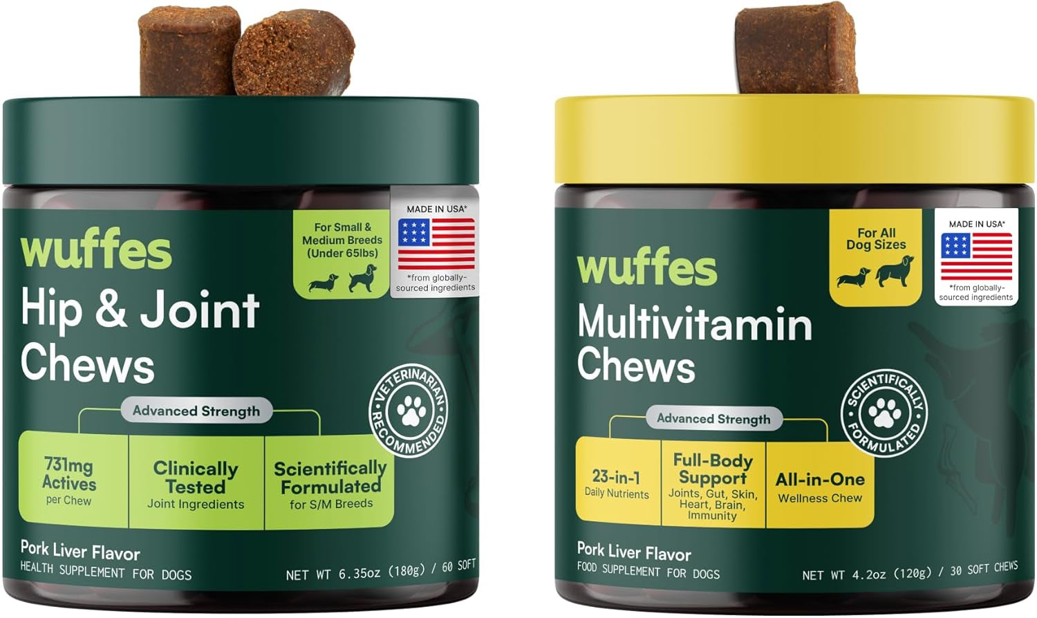 Wuffes hip & joint and multivitamin chew tubs side by side with chew pieces.
