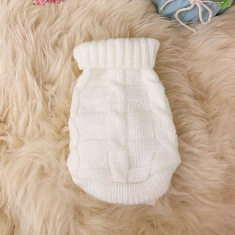 Knitted cat sweater in white with ribbed turtleneck and raised textured panel pattern