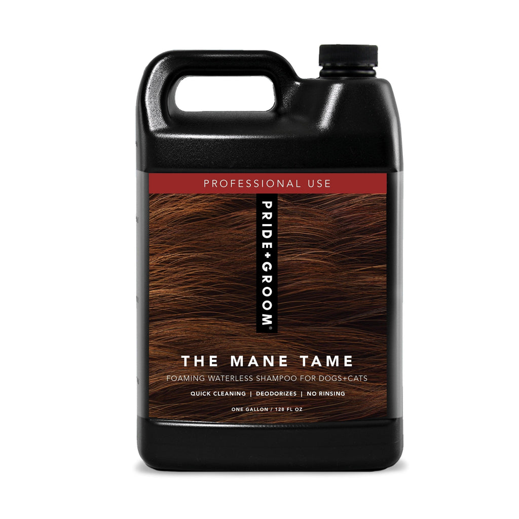 THE MANE TAME gallon dog dry shampoo bottle, black with red label