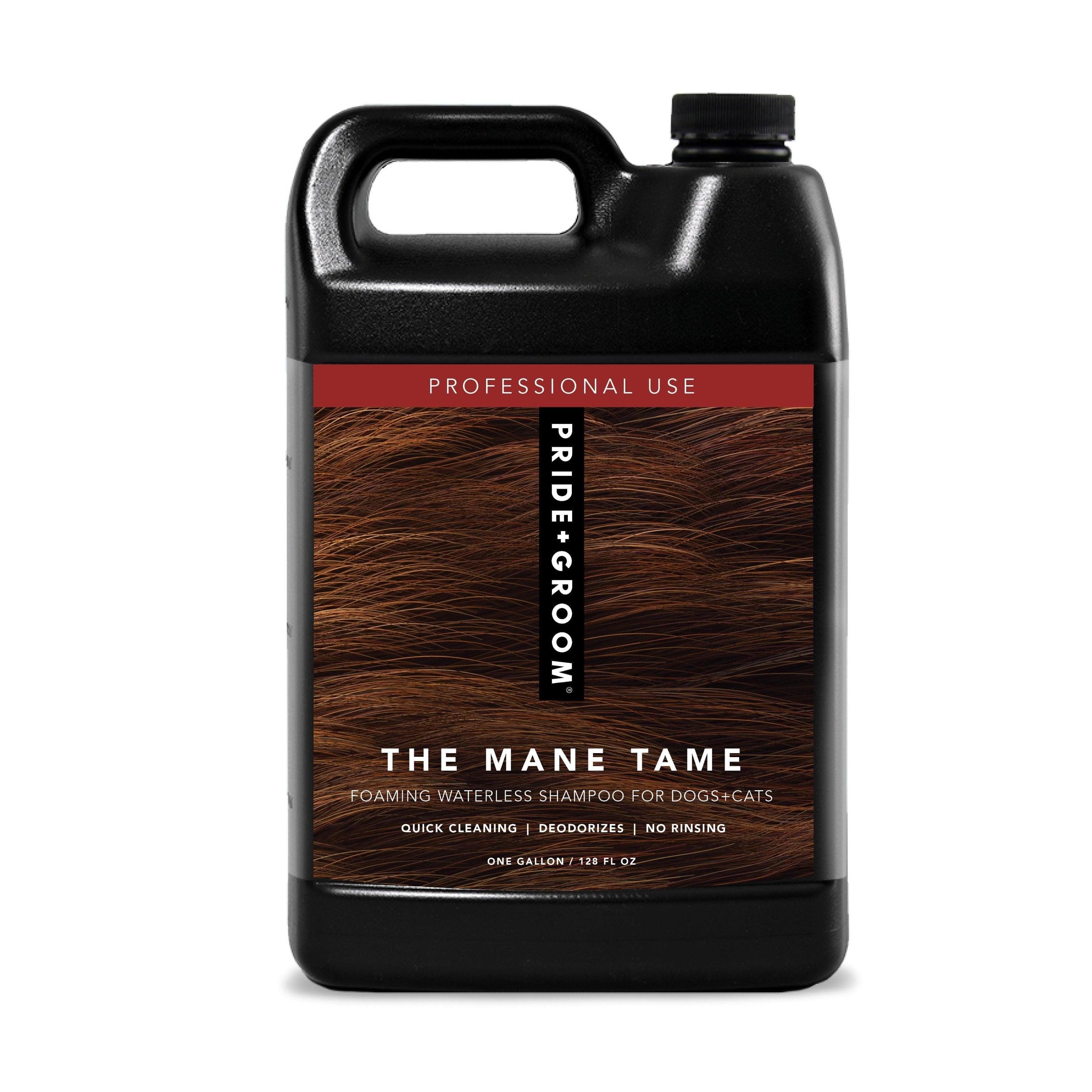 THE MANE TAME gallon dog dry shampoo bottle, black with red label