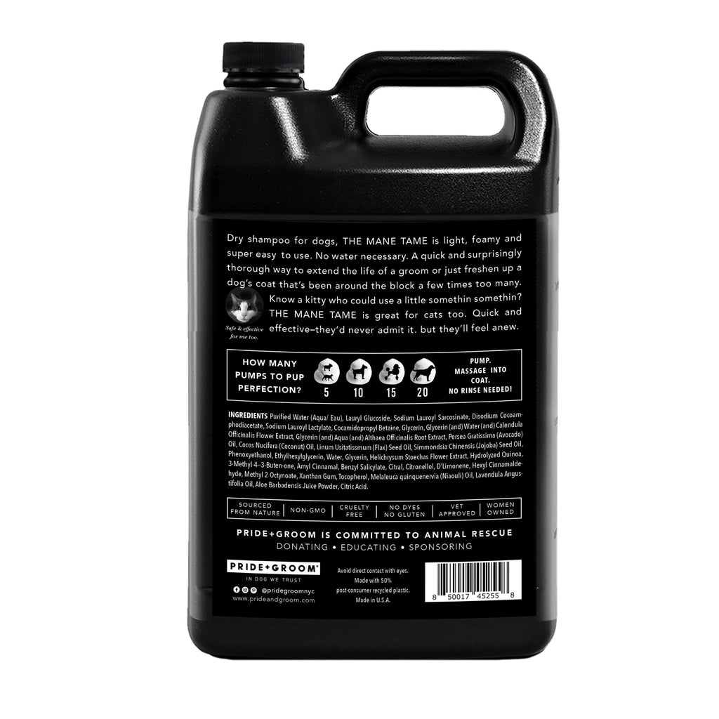 THE MANE TAME gallon dog dry shampoo bottle, black back label with barcode