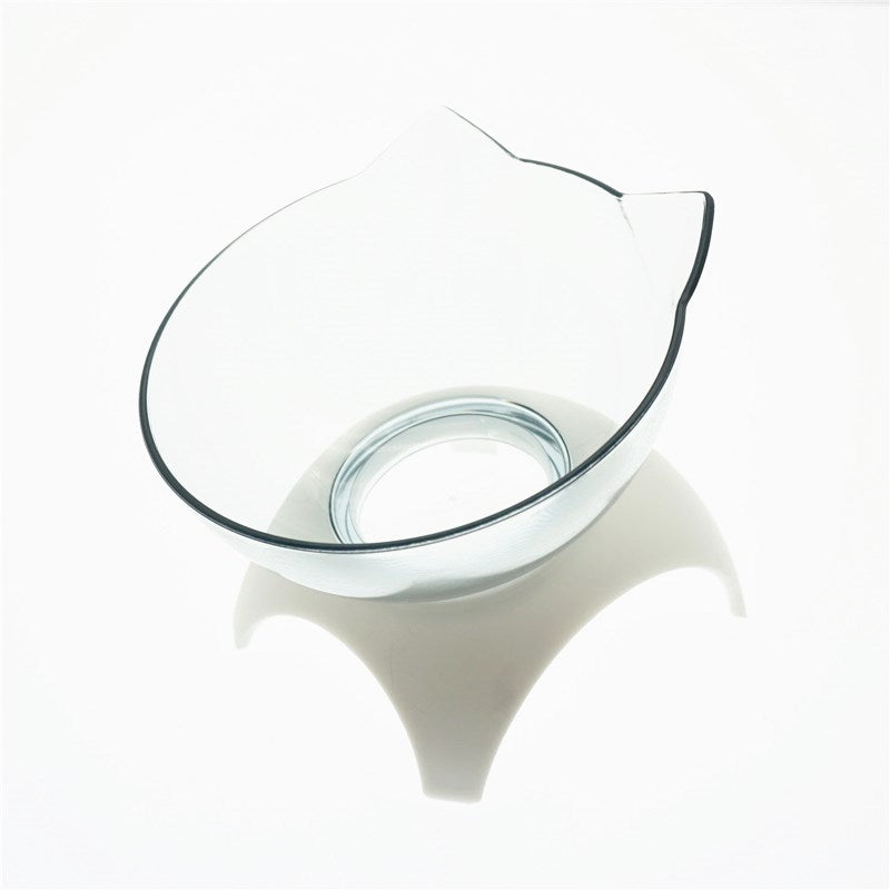 Clear cat-shaped raised pet food bowl on white stand with non-slip feet