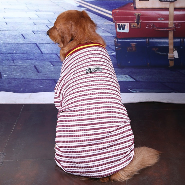 Striped pet dog coat in red and white with yellow collar trim, viewed from behind