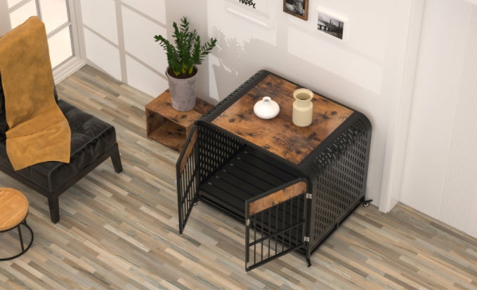 Dog crate table with brown top and black perforated sides on caster wheels