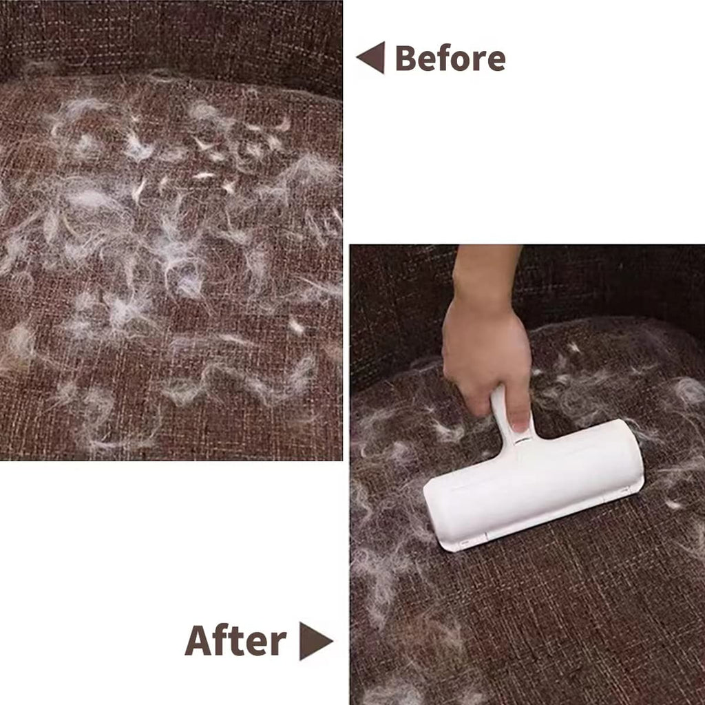 Pet hair remover roller lifting pet fur from dark fabric surface