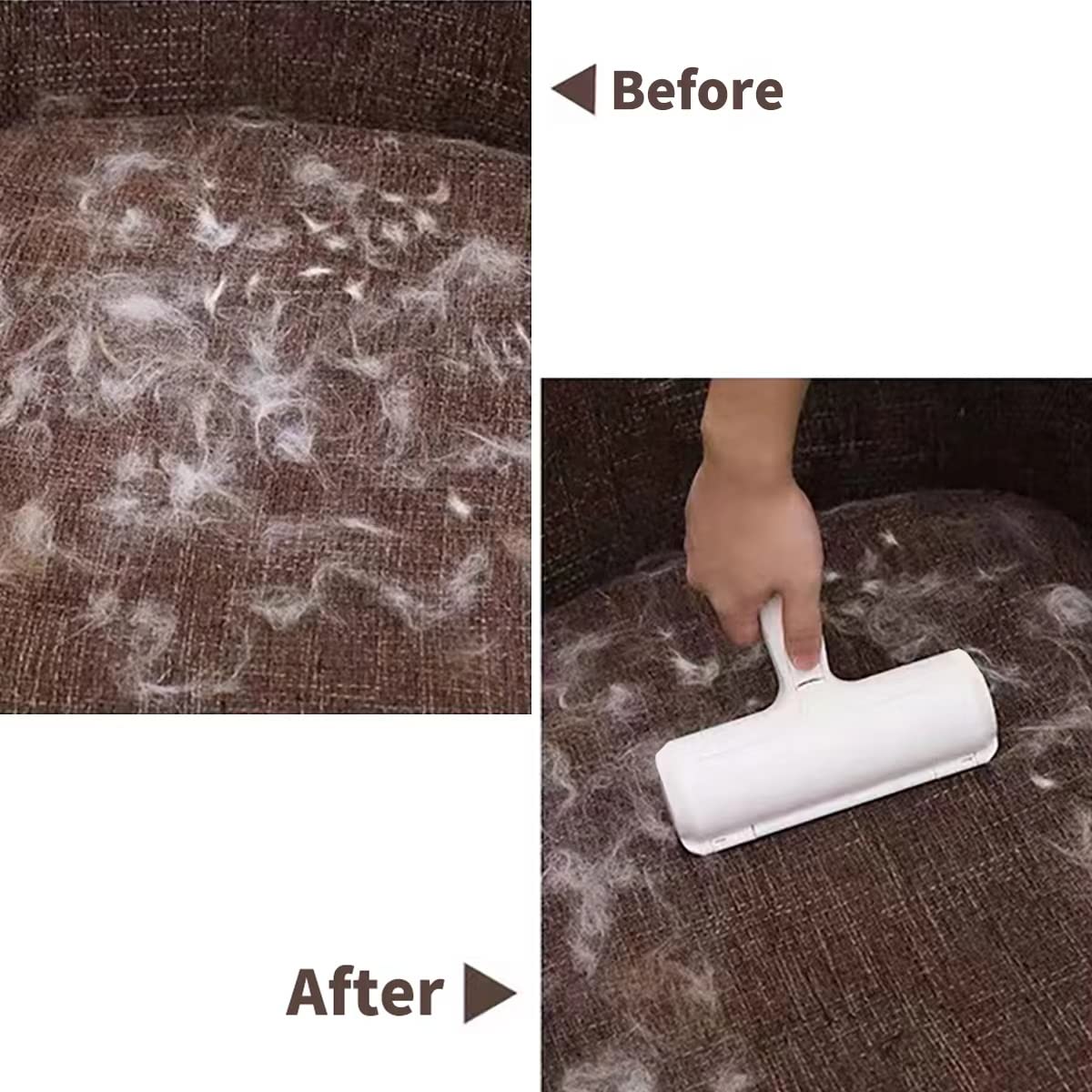 Pet hair remover roller lifting pet fur from dark fabric surface