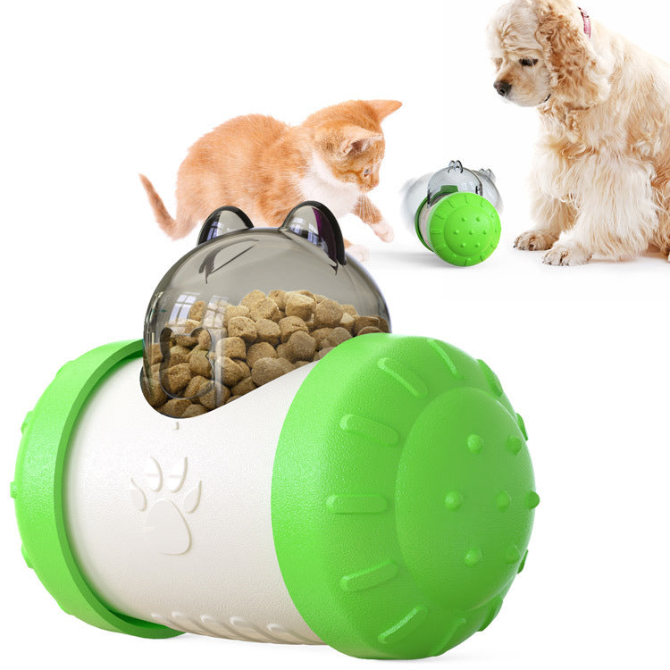 Interactive treat-dispensing wheel toy with clear top and green-and-white ball body