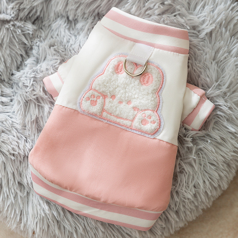 Pink and white color-block pet jacket with bunny embroidery and striped trim
