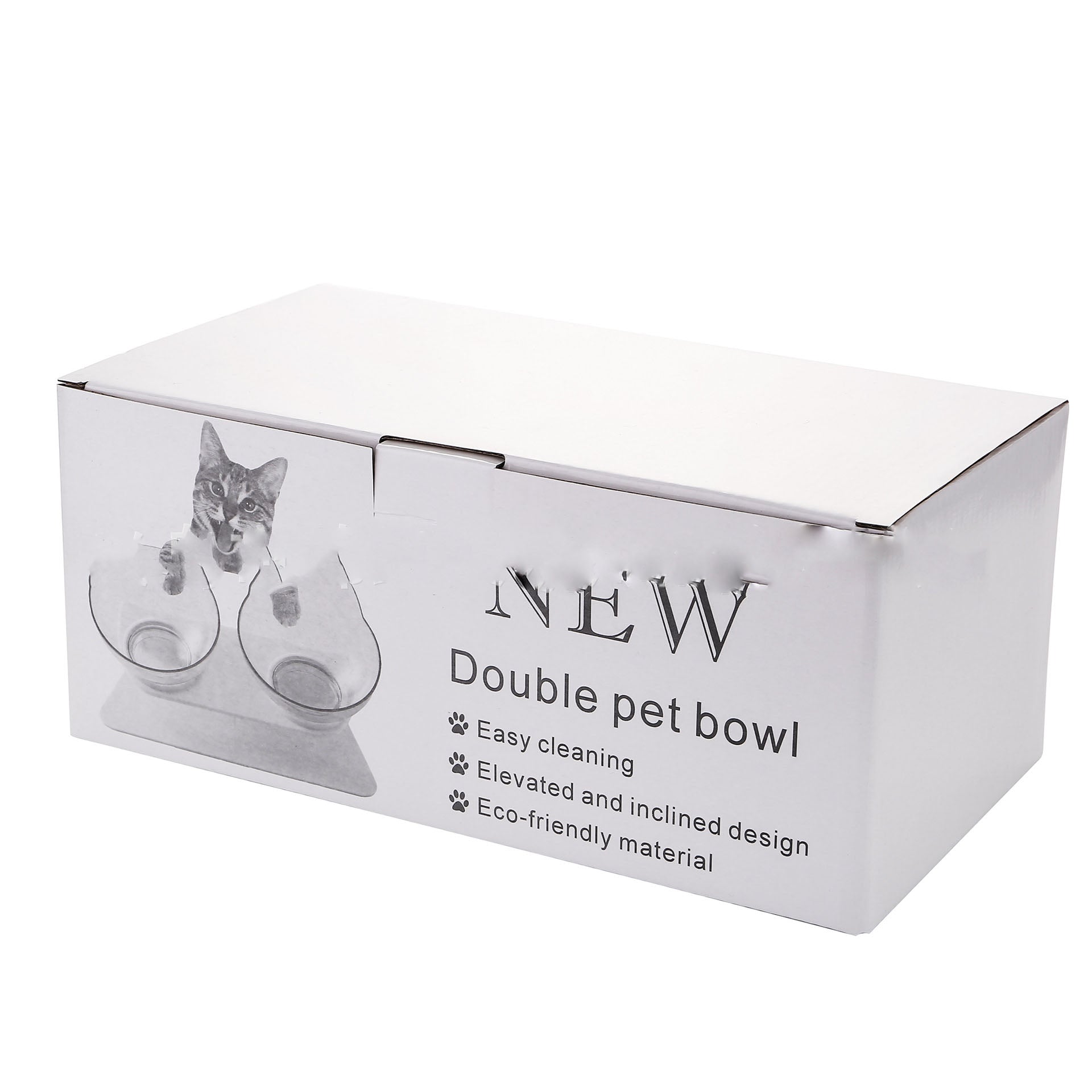 Pet food bowl set box showing double bowls and elevated design