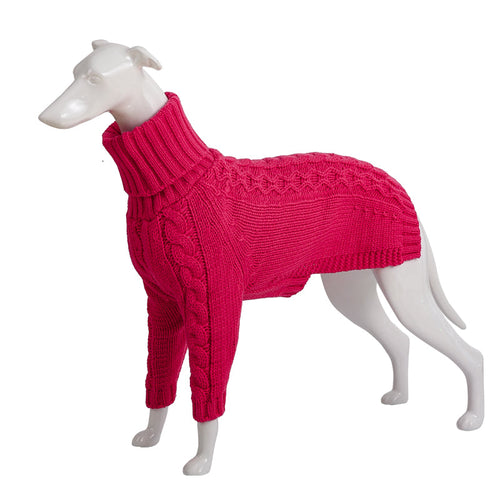 Red cable-knit dog sweater with high collar and long sleeves