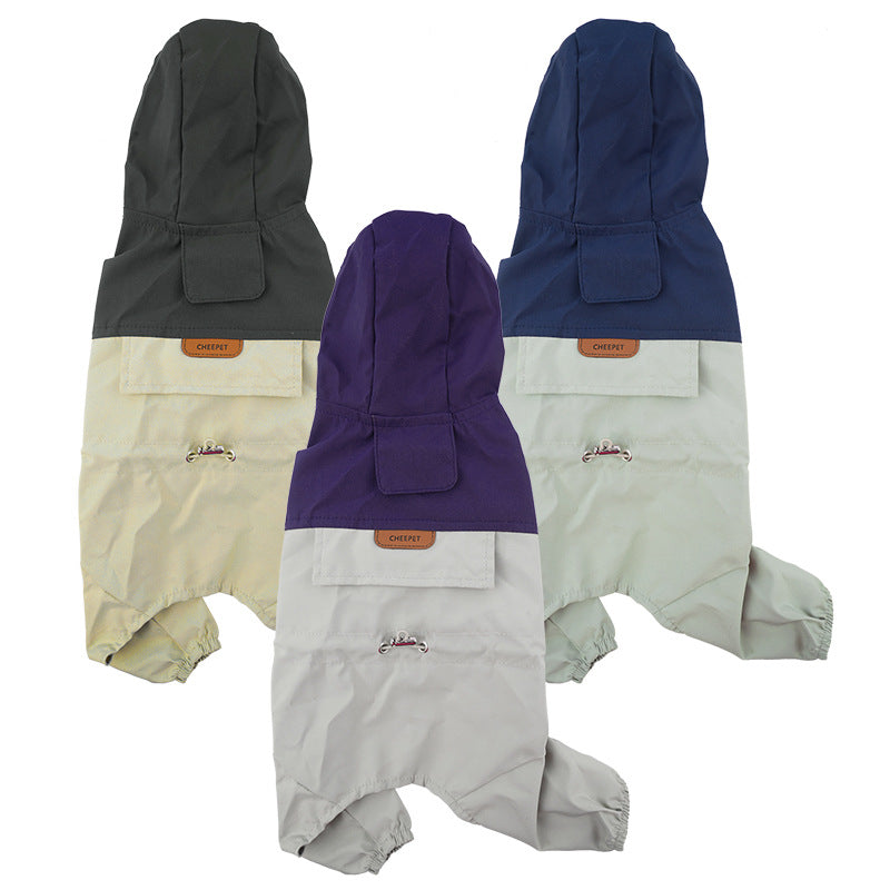 Set of three hooded pet raincoats: dark gray, purple, and navy with light panels