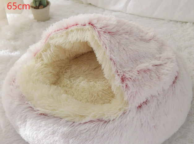 Round plush pet bed for cats and dogs, light pink interior, 65cm