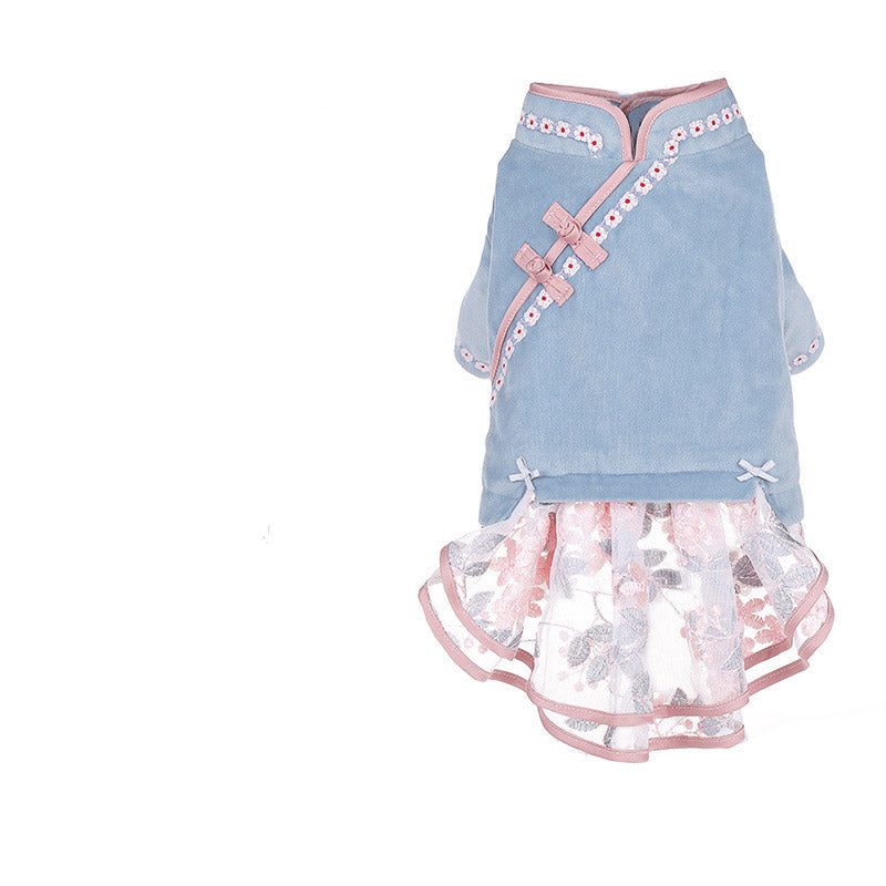 Pet cat clothing light blue denim-style outfit with pink trim and layered tulle skirt