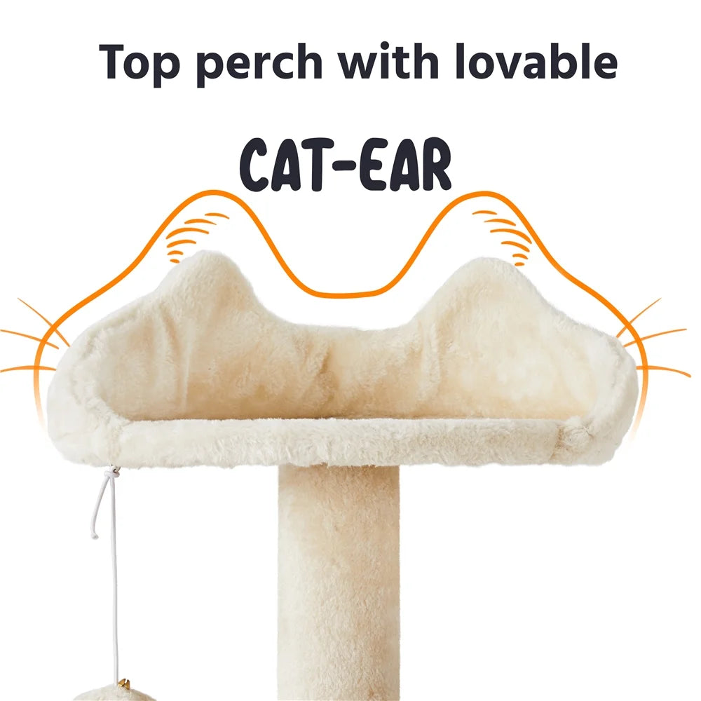 Beige plush top perch with dangling ball on a central post