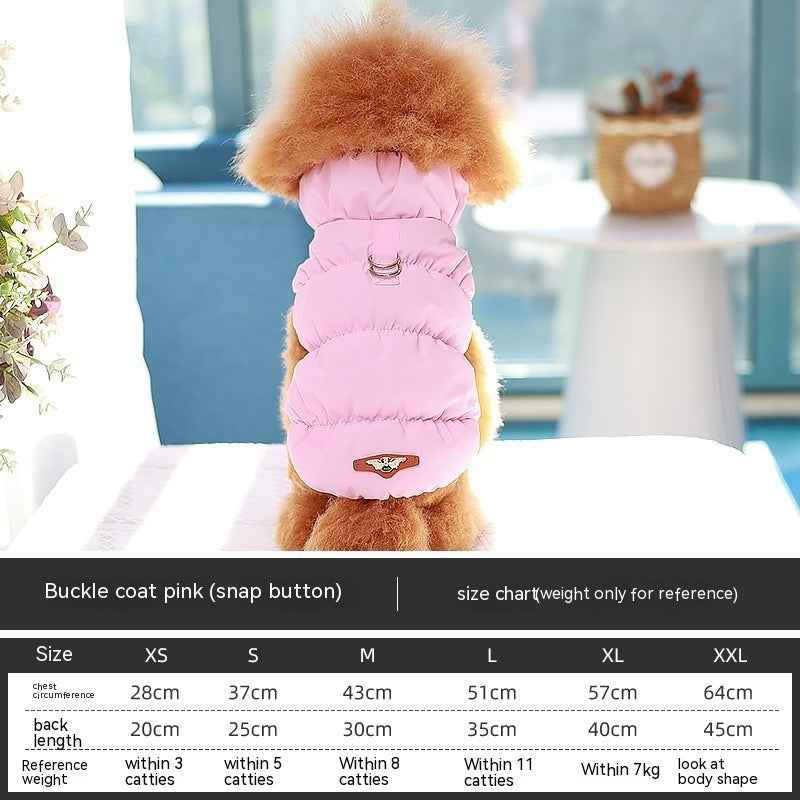 Pink cotton dog puffer vest with round buckle strap and small patch logo