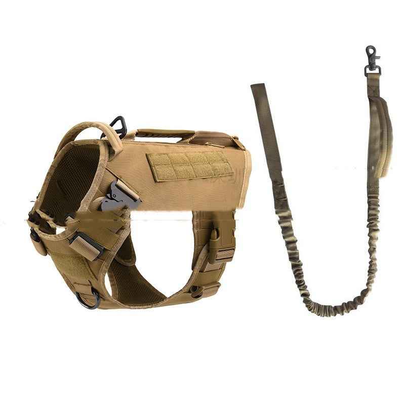 Tan tactical dog harness with coiled leash attachment and chest panel straps
