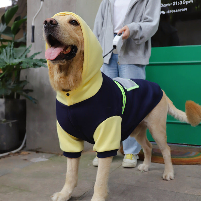 Navy dog hoodie sweater with yellow hood and neon green edge trim