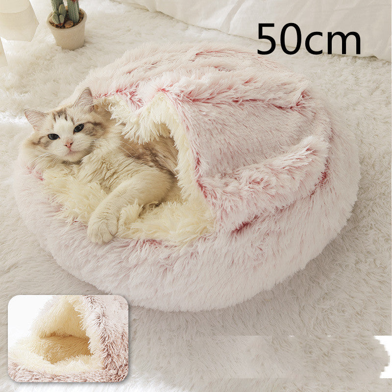 Round plush pet bed with pink-lined tunnel, 50cm, off-white cozy nest for pets