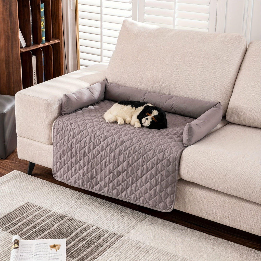 Quilted pet sofa cover mat with plush gray bolsters, gray textured bed panel