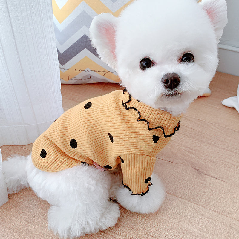 Tan dot turtleneck dog base layer shirt with ruffled trim