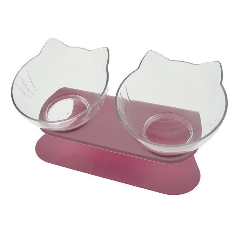 Double raised pet food bowl set with two clear cat-shaped bowls on pink base