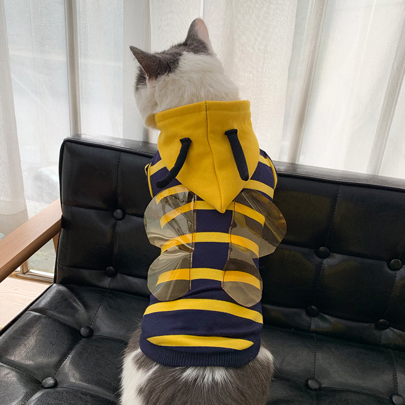 Pet bee costume plush hoodie coat, yellow back hood with navy yellow stripes
