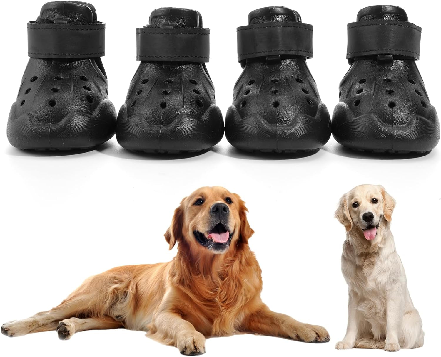 Black dog boots with adjustable strap and perforated anti-slip sole, 4-pack
