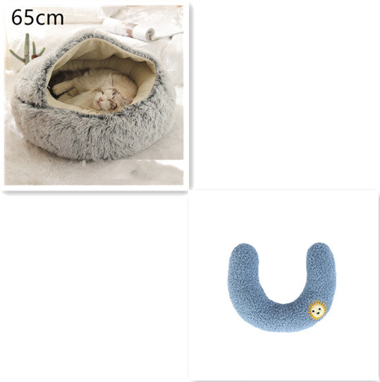 65cm round grey plush pet bed nest with blue U-shaped bolster pillow