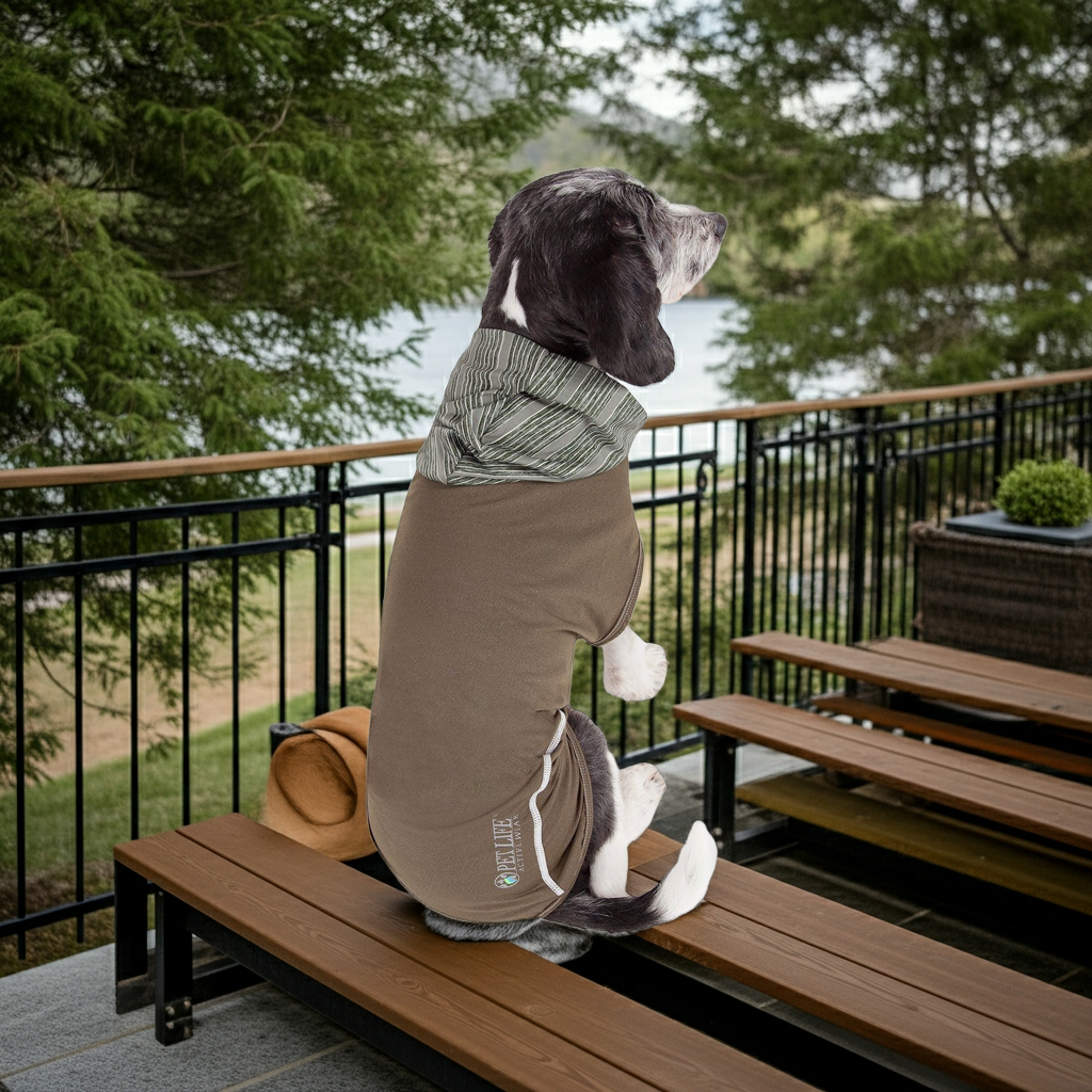 Sleeveless dog pullover hoodie with built-in hood, olive top and tan body