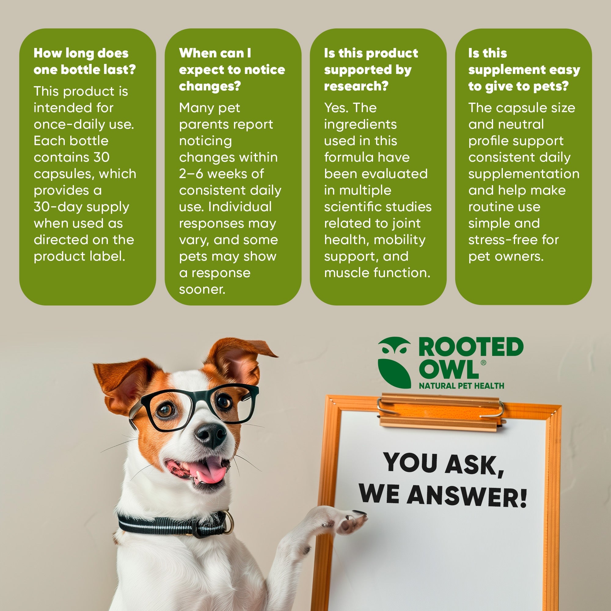 Dog pointing at clipboard in Rooted Owl “You Ask, We Answer” supplement FAQ graphic.
